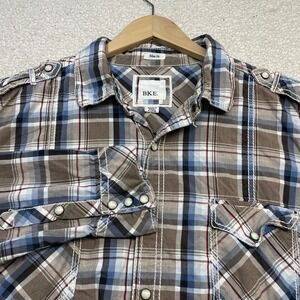 BKE Shirt Mens Sz XL Brown Blue Plaid Slim‎ Fit Embroidered Pearl Snap Western